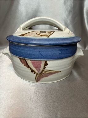Handmade Ceramic Blue & Cream Covered Casserole Dish